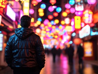 Mysterious man walking through neon lit street in vibrant urban night setting surrounded by colorful lanterns symbolizing nightlife energy and city exploration in high resolution stock photography