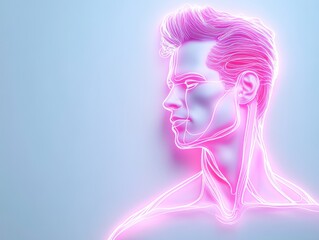 Stylized neon pink male profile outline glowing against soft pastel blue background creating a surreal futuristic and digital art aesthetic
