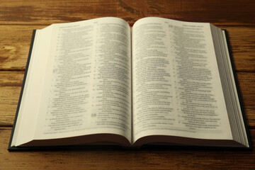 Open Holy Bible in English language on wooden table, closeup