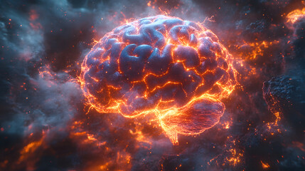 Obraz premium A brain is on fire and surrounded by a cloud of smoke
