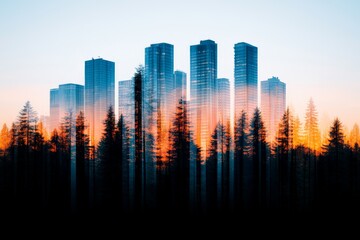 Fototapeta premium Modern skyline with high rise buildings emerging from a dense forest blending urban architecture and natural landscapes in a surreal visual contrast