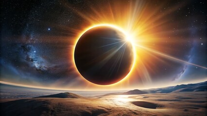Obraz premium Breathtaking Solar Eclipse Above Serene Desert Landscape at Dusk