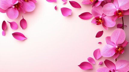 Fototapeta premium A vibrant arrangement of pink orchid flowers and petals against a soft, neutral background, creating a serene and elegant aesthetic.