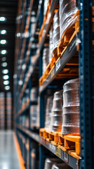 A large industrial warehouse with tall blue and orange storage racks filled with neatly wrapped pallets under bright lighting

