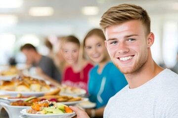 Obraz premium Young man with a welcoming smile serving pizza in a casual dining restaurant setting symbolizing hospitality service and social enjoyment