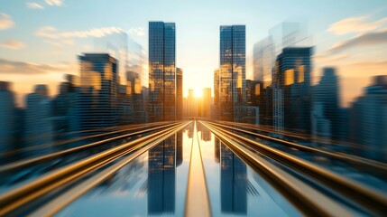Fototapeta premium Dynamic urban sunset reflection city skyline photography modern environment aerial view vibrant concept