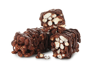 Delicious chocolate puffed rice bars isolated on white
