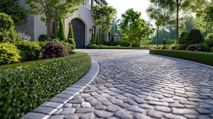 Fototapeta premium Luxury driveway, manicured landscaping, estate home
