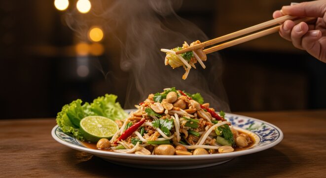 Delicious steaming plate of karedok with fresh herbs and lime, served in a cozy setting