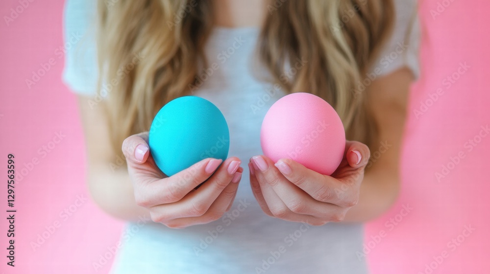Aufkleber colorful eggs held by a person with wavy hair against a pink background in a bright setting. generat