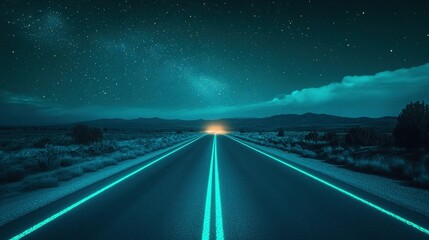 Obraz premium A glowing illuminated highway leads to a distant starry night sky