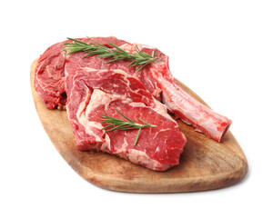 Pieces of raw beef meat and rosemary isolated on white