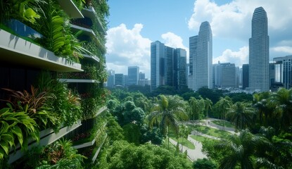 Lush green vertical garden on a modern building contrasts against a backdrop of skyscrapers and a park under a bright, sunny sky. The scene blends