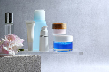 Presentation of body care products against blurred background