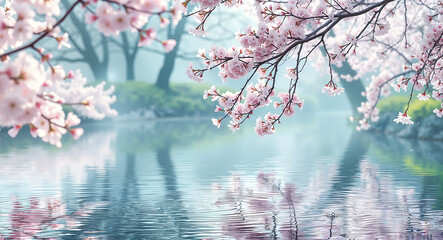 Fototapeta premium Spring Cherry Blossom Illustration with a Serene Lake View