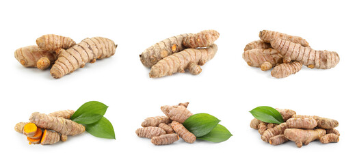 Set of turmeric roots isolated on white
