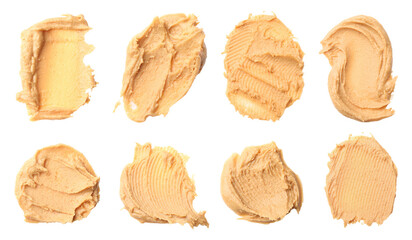 Yummy nut butter. Samples isolated on white, set. Top view