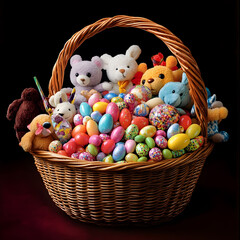 "A Basket Filled with Jelly Beans, Chocolate Eggs, and Stuffed Toys. Vibrant Colors, Playful Arrangement."