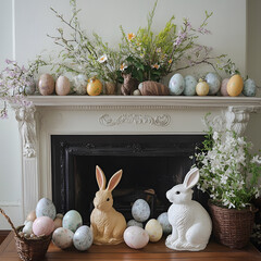 "A Fireplace Mantle Decorated with Easter Bunnies, Eggs, and Spring Flowers. Cozy, Festive Atmosphere."