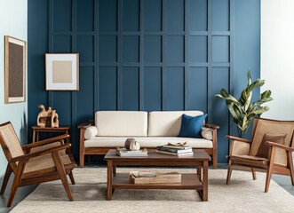 A living room with blue walls, wooden furniture, and decorative elements.