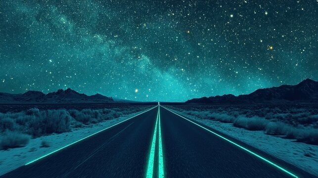 A long road leads under a starry turquoise night sky