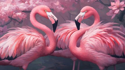 Naklejka premium Two elegant pink flamingos stand gracefully intertwined amidst a soft, pastel floral backdrop, exuding beauty and tranquility.