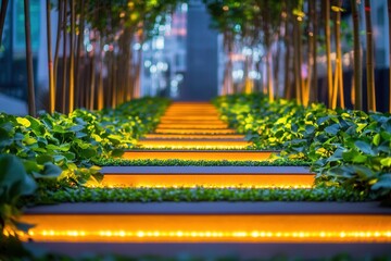 Pathway With Lush Greenery At Nighttime Illumination Landscape Design Architecture Pathways Pathway
