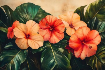 Fototapeta premium Peach And Coral Hibiscus Flowers With Lush Green Leaves Vintage Style Background Image Painting