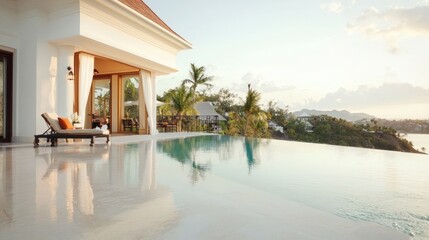Fototapeta premium Luxury Infinity Pool Villa Sunset Tropical Ocean View Relaxation