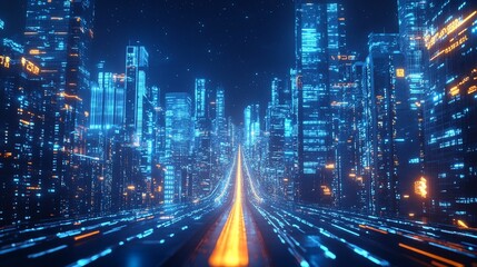 Futuristic city at night with bright lights and a long orange road leading to the center