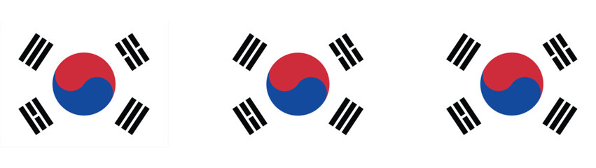 Three variations of the South Korean flag on a white background.