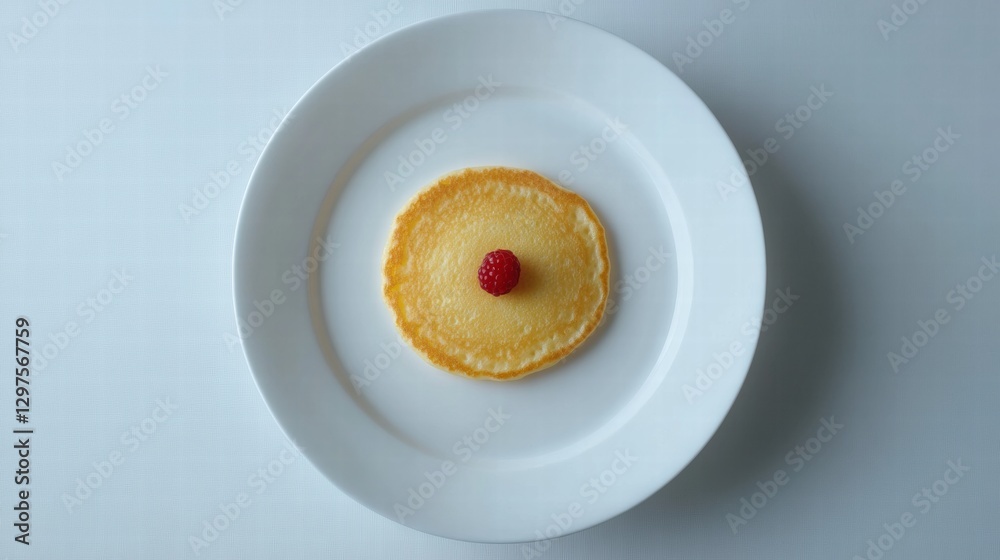 Poster unique pancake presentation with raspberry garnish on a clean white plate in a bright setting. gener