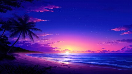 Obraz premium A serene beach at sunset, featuring vibrant hues of purple and orange with palm trees silhouetted against the colorful sky.