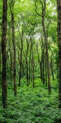 Naklejka premium A serene forest scene filled with tall trees and lush green foliage, creating a tranquil and vibrant atmosphere.