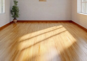 Sunlit hardwood floor in a bright minimalist room with white brick walls and a small potted plant. Clean lines and natural light create a serene