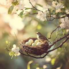 "A Bird's Nest with Easter Eggs, a Mother Bird Watching Over, on a Tree Branch. Natural Setting, Soft Focus."
