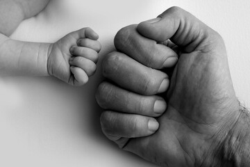 Two hands: man and child. Father and son touching fists. Dad and newborn son boys holding hands together. Little and big fists of father and son. Black and white professional photo. 