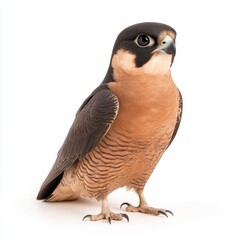 Fototapeta premium A striking falcon with dark brown and tan plumage stands against a pure white background. Its intense gaze and sharp talons are clearly visible in