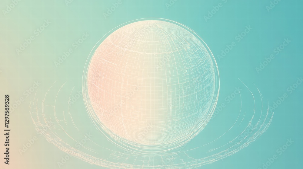 Poster Soft pastel illustration of a sphere on a gradient background with circular patterns and lines in a serene setting. Generative AI