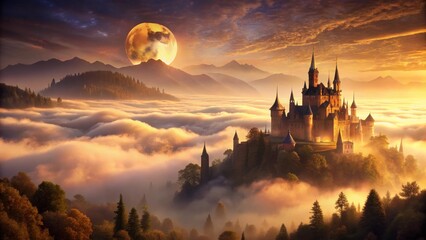 Majestic Castle on Mountain Surrounded by Mysterious Fog at Sunset