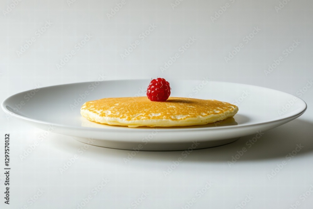 Poster delicious pancake topped with fresh raspberry served on a clean white plate in minimalistic style. g