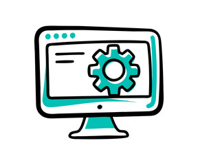 Conceptual diagram of software development, programming, and computer installation. Desktop computer settings - Gears.