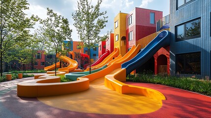 Colorful Modern Playground with Multiple Slides Outdoor Play Area Brightly Colored Buildings