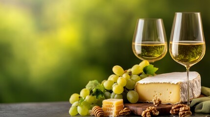 Obraz premium Elegant wine and cheese pairing with grapes and nuts on a wooden board in a serene outdoor setting