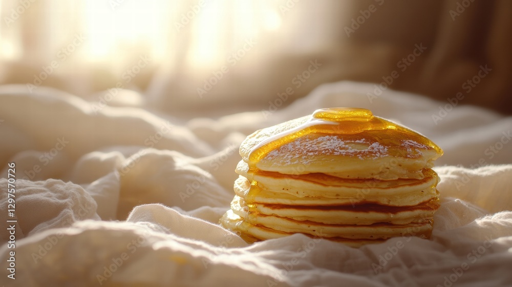 Poster delicious stack of fluffy pancakes drizzled with golden syrup on soft bedding in bright morning ligh