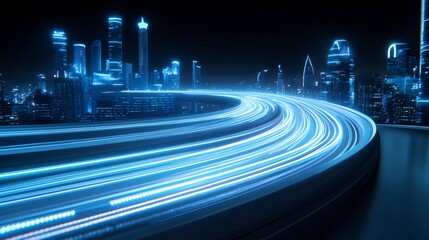 Fototapeta premium Bright city lights illuminate the modern skyline as cars streak by on a futuristic highway at night