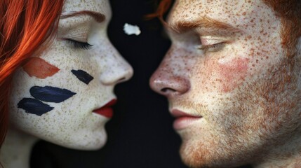 Freckled Faces  Redhead Woman and Man Close Up Portrait