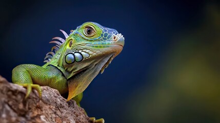 Obraz premium Vibrant Green Iguana on Rock Close up Reptile Portrait Vivid Colors Exotic Pet Nature