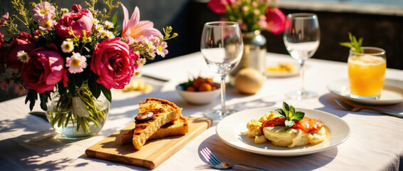 Fototapeta premium Brunch table setting with flowers and delicious dishes outdoors