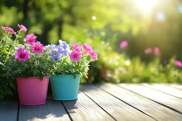Obraz premium Pink Purple Flowers in Pastel Pots on Wooden Deck